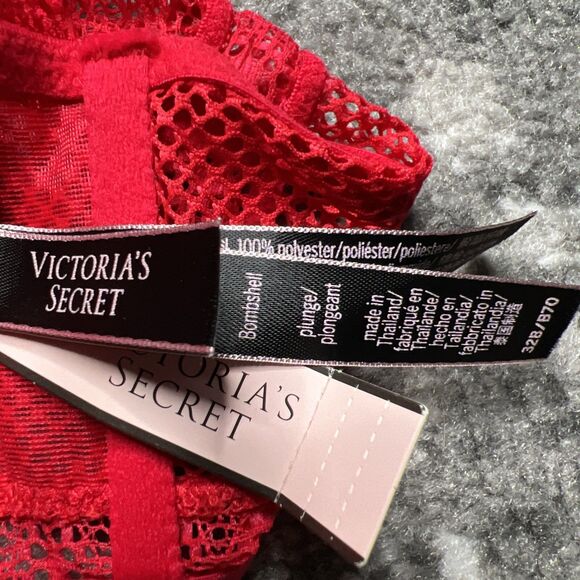 Victoria's Secret NWT 32B Bombshell Plunge Bra Red Sexy Fishnet Lace Front Close - Picture 6 of 7